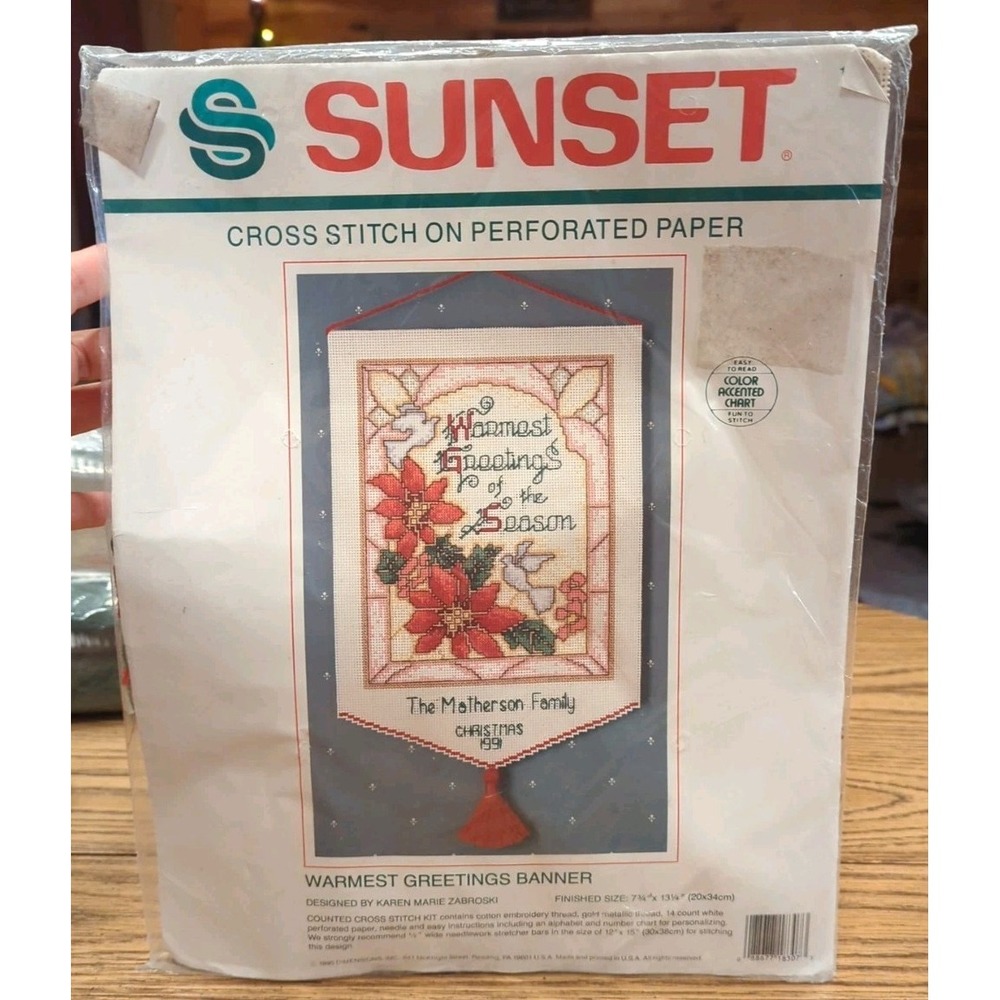 Vintage Sunset Warmest Greetings Banner Christmas Cross Stitch Perforated Paper